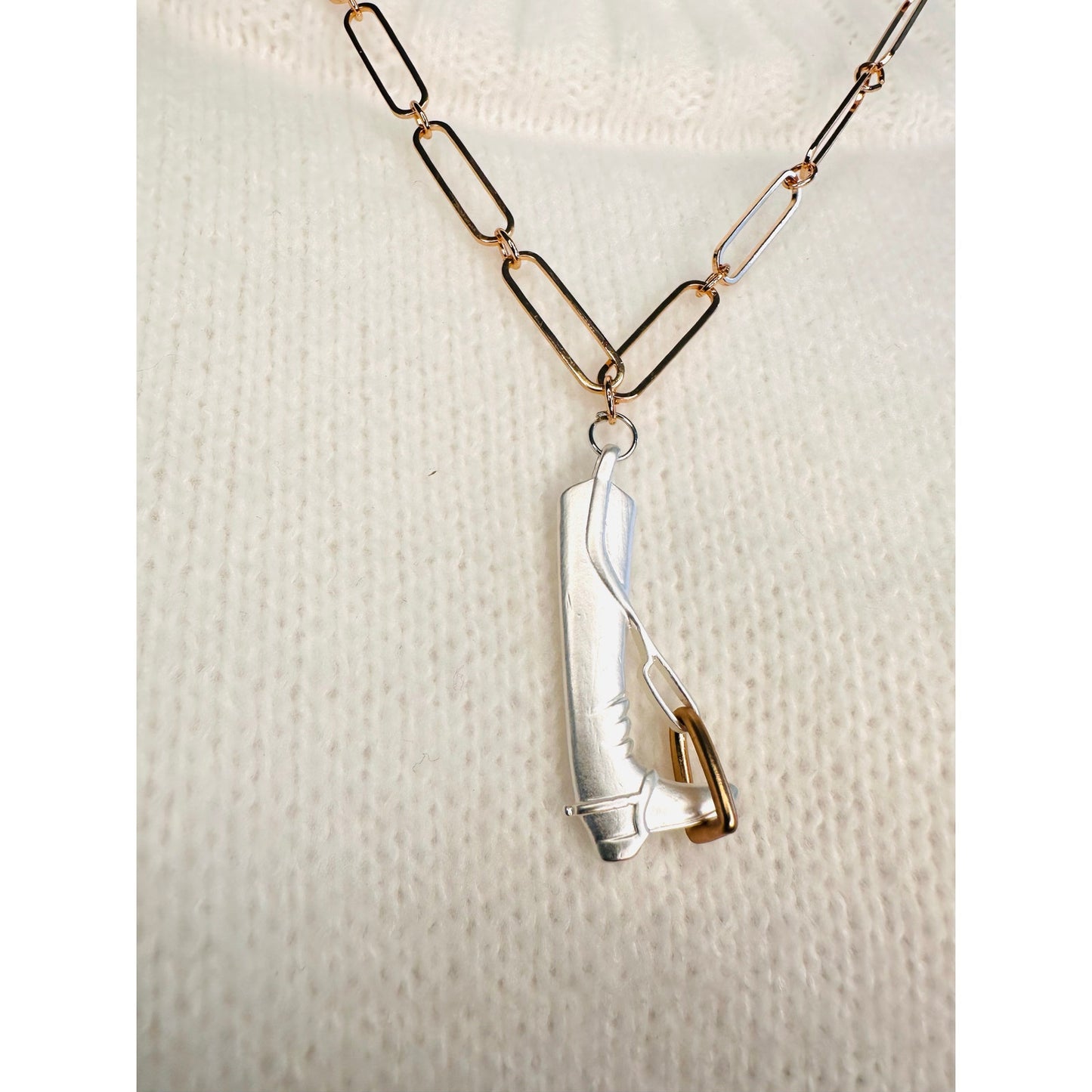 Silver and gold 22”(adjustable) equestrian boot and stirrup pendant