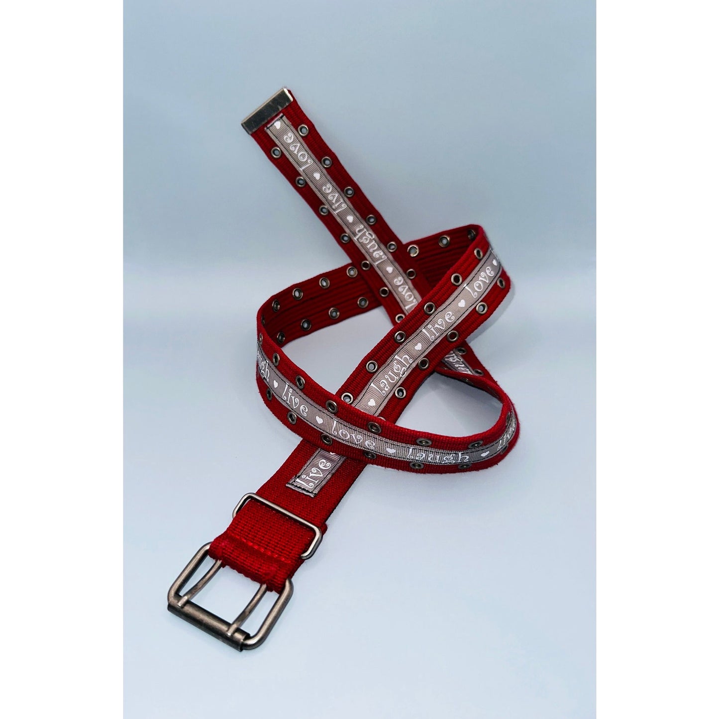 Live love laugh red and grey cargo belt, adjustable 49.5” 1.5”
