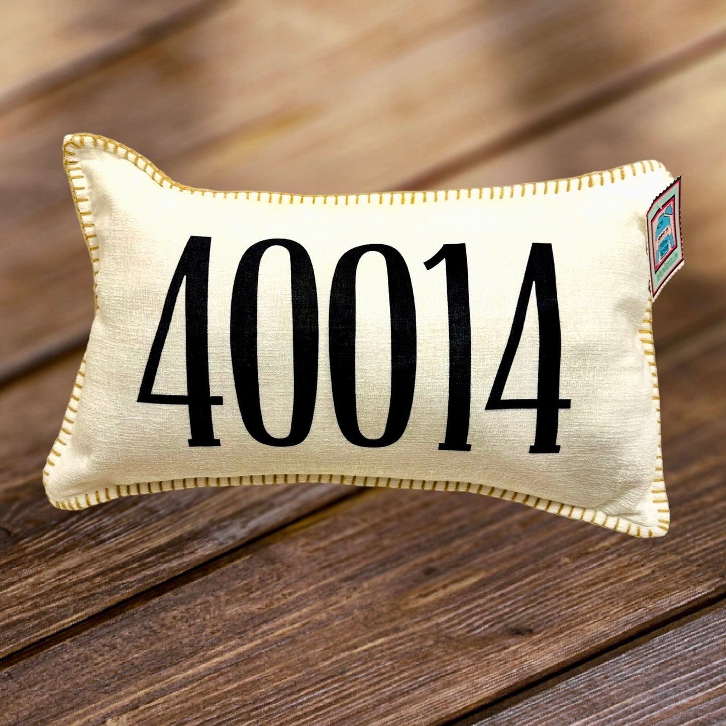 Zip Code custom pillow with city and state or your family name (you decide) 18x18 or 12 x 20  soft Chenille whipstitched edge in Ivory.