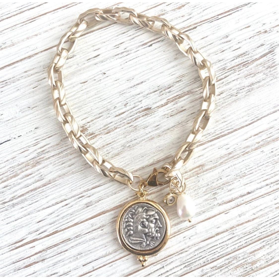 Equestrian Coin Anklet or Bracelet (adjustable) freshwater pearl, horse/greek
