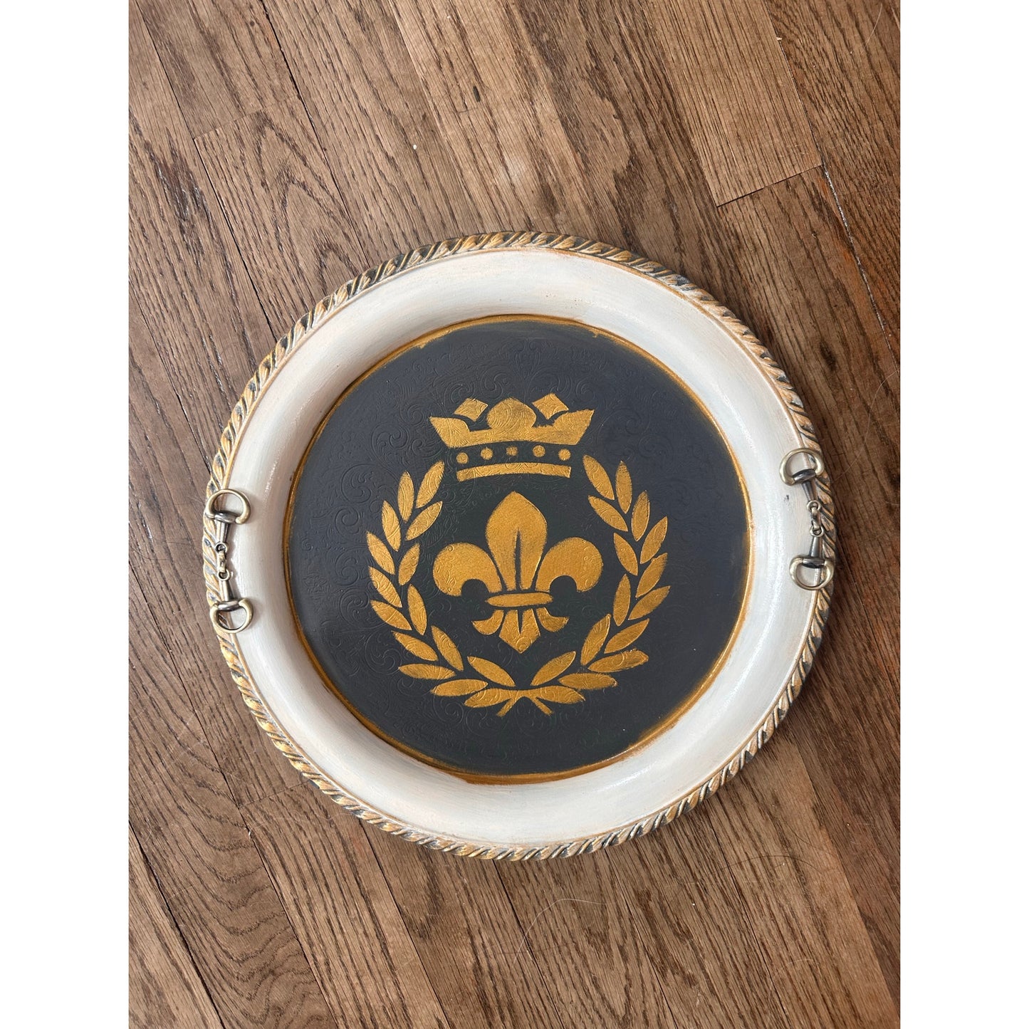 Upstyled Silver Serving Tray w/ Gunmetal Snaffle Bit Handles – Hand Painted Fleur-de-Lis | Equestrian Decor
