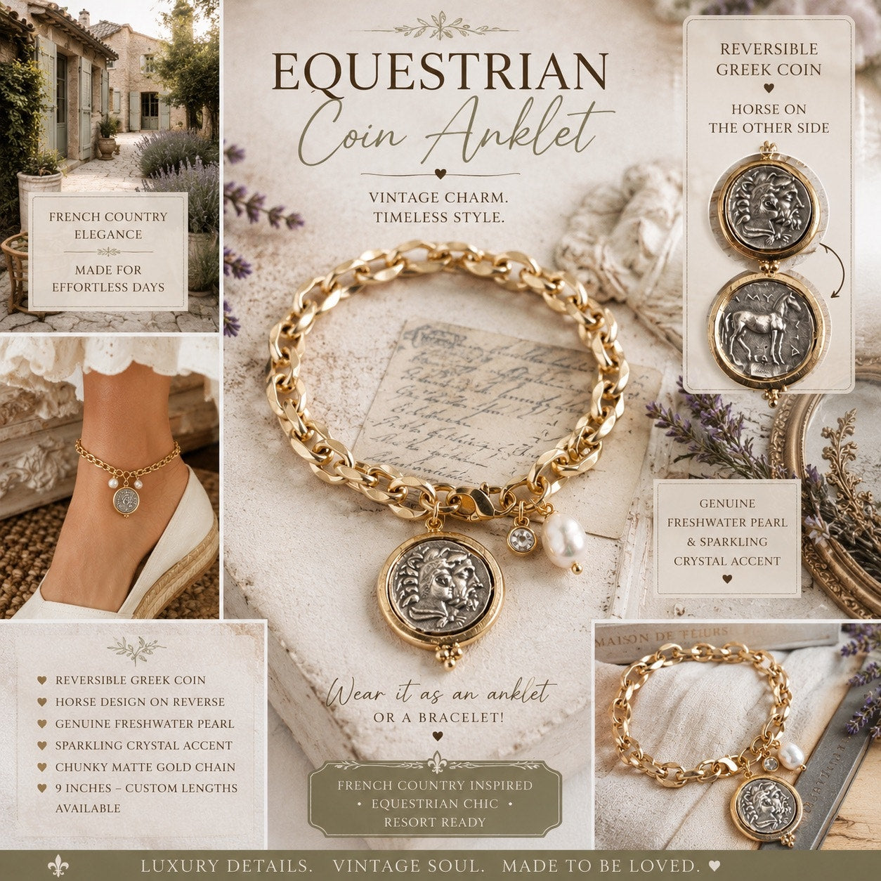 Equestrian Coin Anklet or Bracelet (adjustable) freshwater pearl, horse/greek