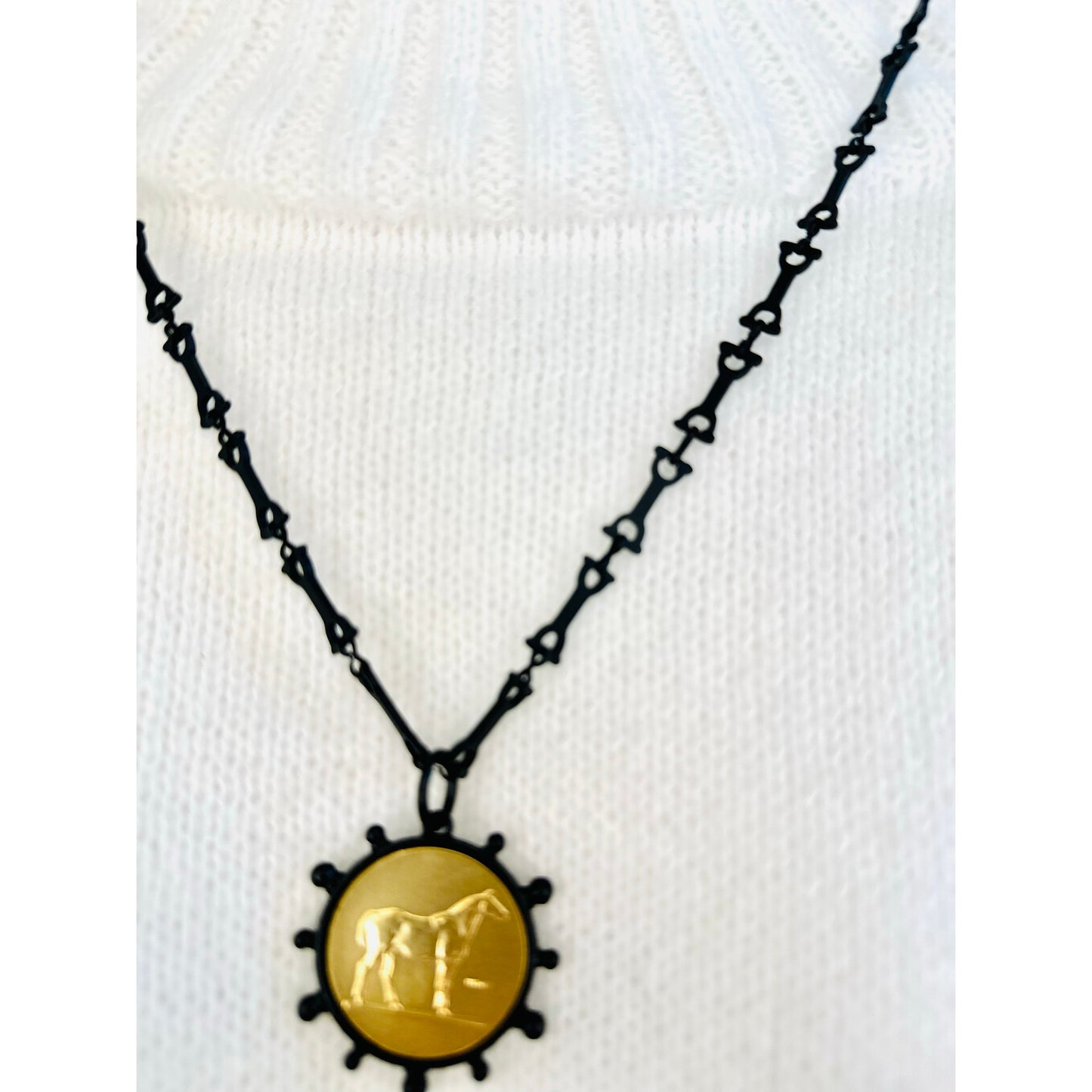 Black and Gold Intaglio Necklace 24” equestrian horse bit chain.  Stunning and beautiful