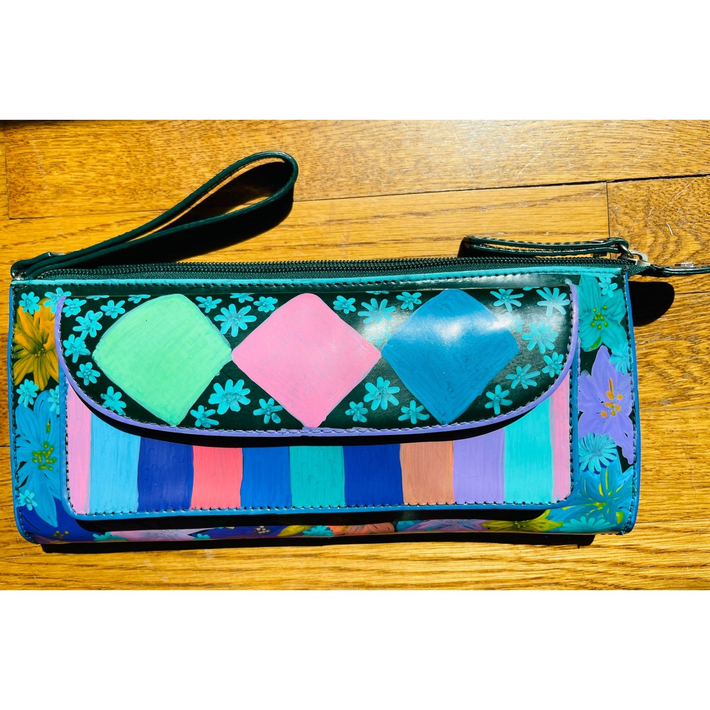 Talbots Genuine Leather heather green clutch hand painted one of a kind.