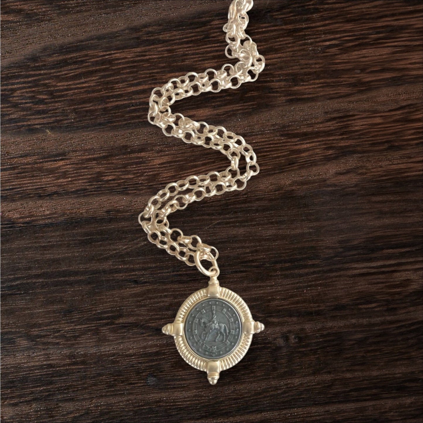 Matte Gold Horse Coin Necklace • Equestrian Jewelry • Adjustable 19" Rolo Chain