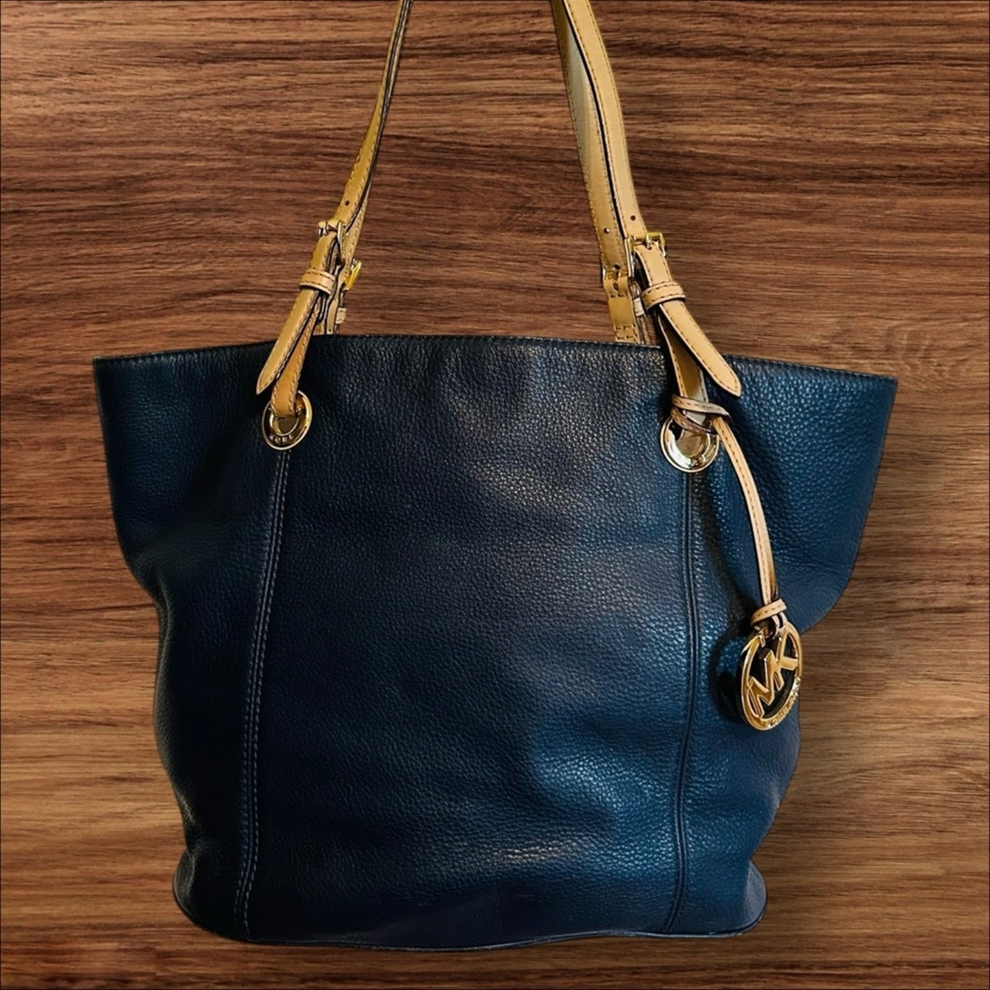 Michael Kors Blue and Tan Tote Bag with Signature Charm