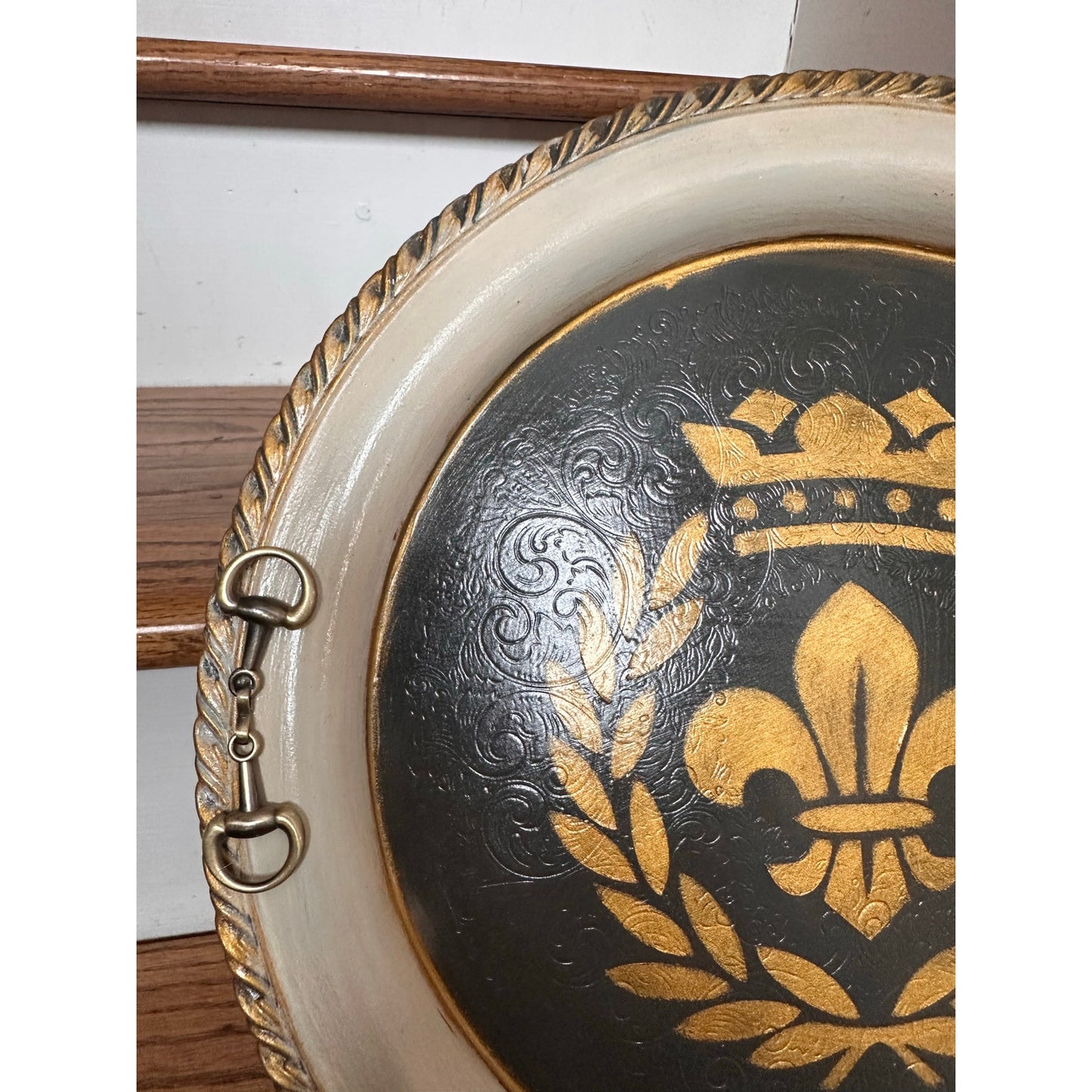 Upstyled Silver Serving Tray w/ Gunmetal Snaffle Bit Handles – Hand Painted Fleur-de-Lis | Equestrian Decor