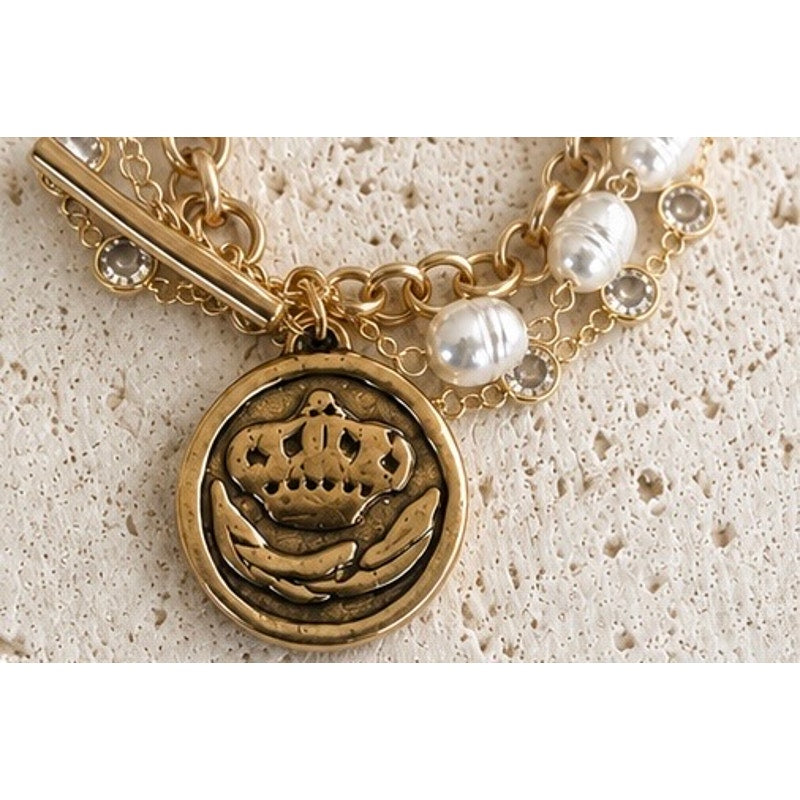 Bee Coin Triple Layered Bracelet | Vintage Pearl & Crystal | Boutique Statement