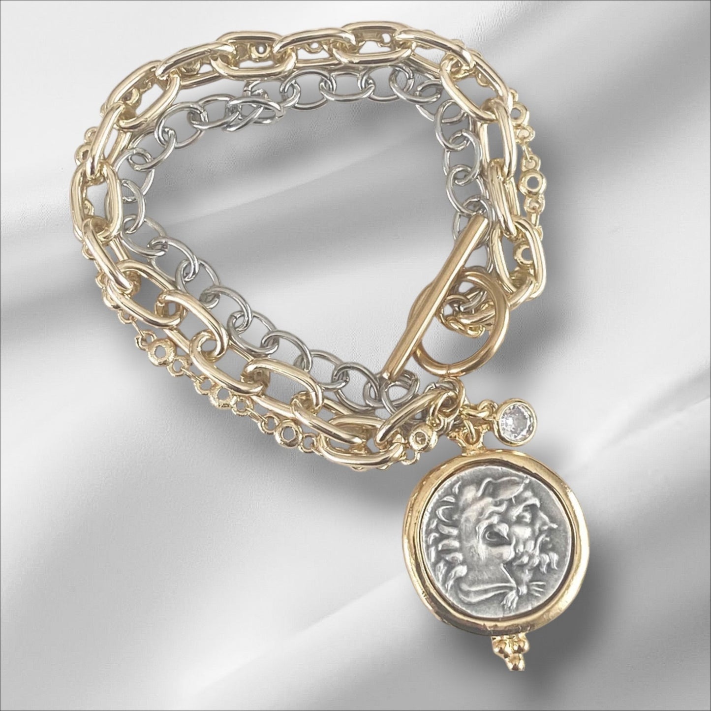 Triple Layer Greek Coin Bracelet, Horse Coin Charm, Mixed Metal Bracelet