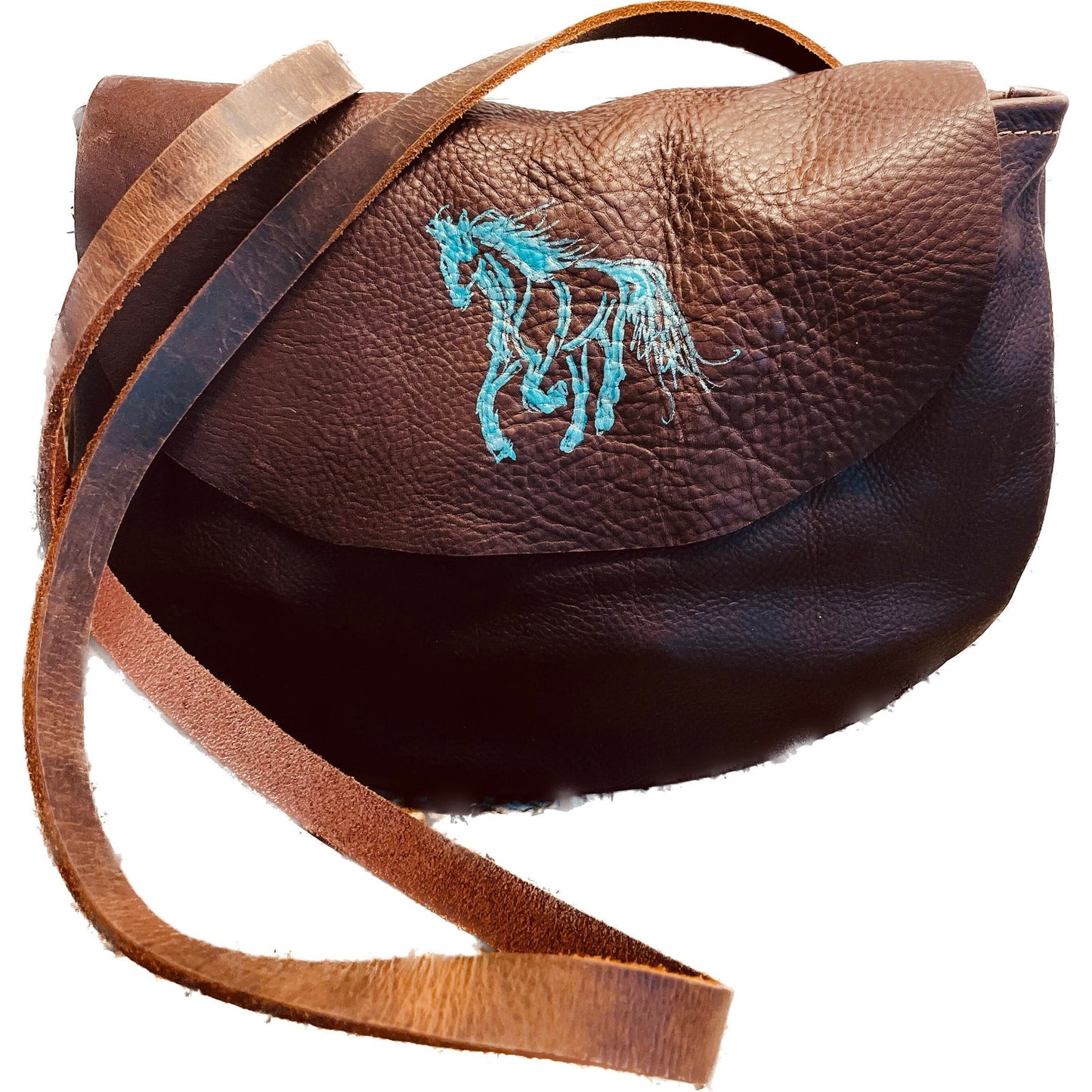 Leather crossbody handbag with painted floral cowboy boot in teal and silver. One of a kind with horse on front
