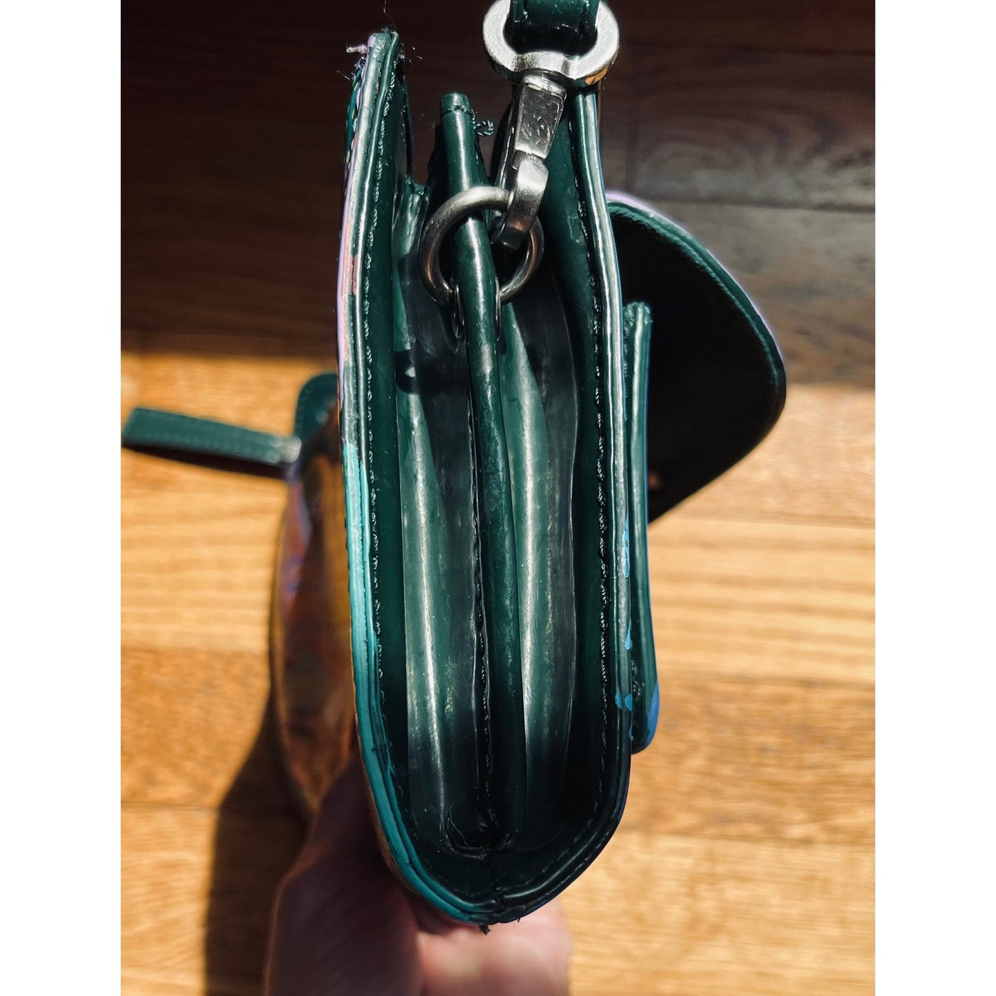Talbots Genuine Leather heather green clutch hand painted one of a kind.