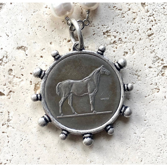 Equestrian Horse Coin Medallion Necklace, French Style