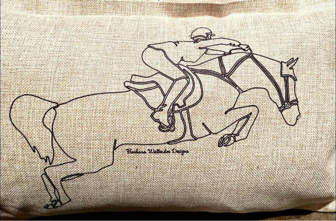 12 x 20 throw pillow linen cover only, horse motifs and simple over fences for the avid Hunter Jumper Equestrian.