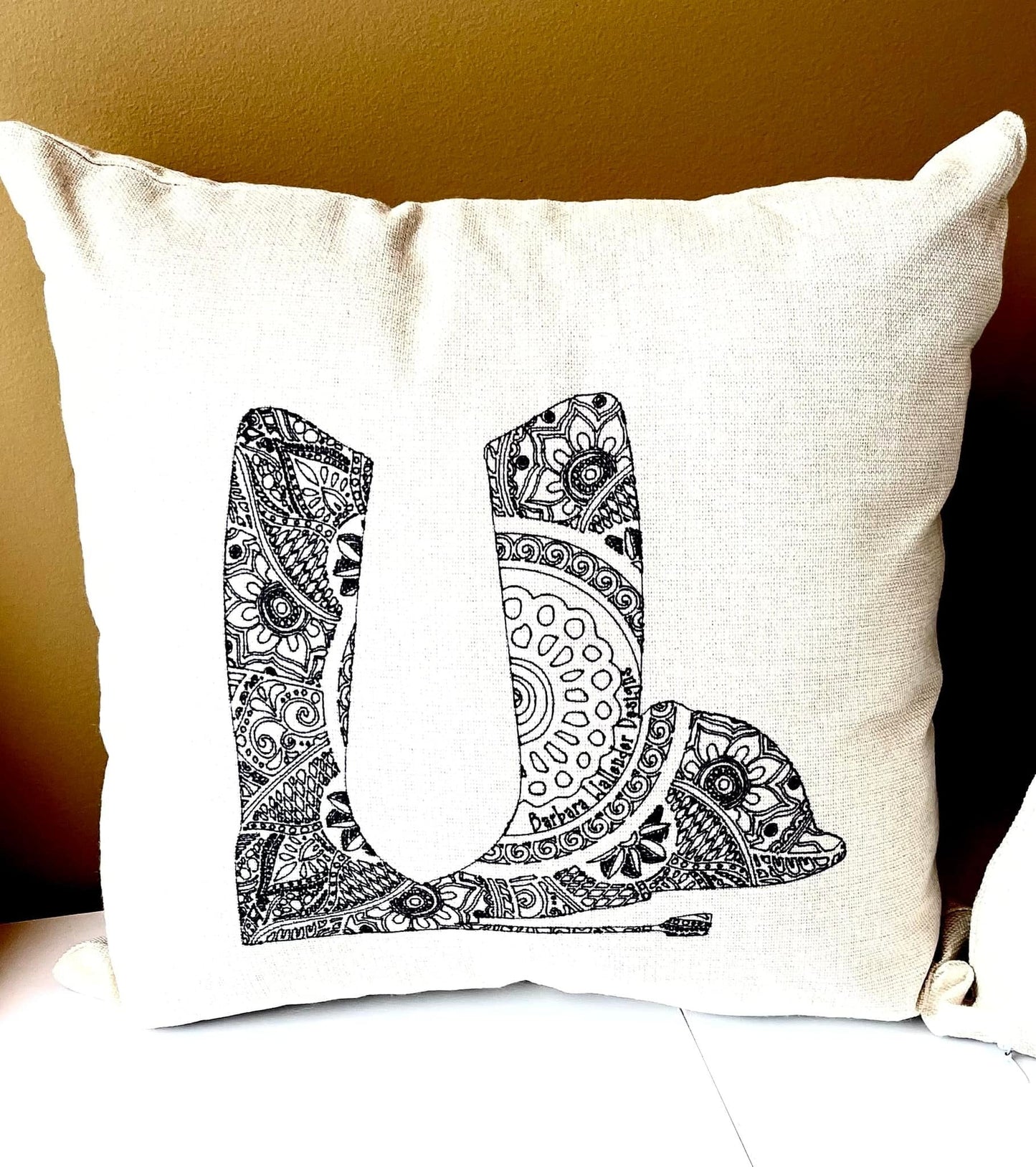 The Chin Up Collection Throw Pillows featuring a saddle, bit, irons, boots & helmet motif on cover only linen blend.