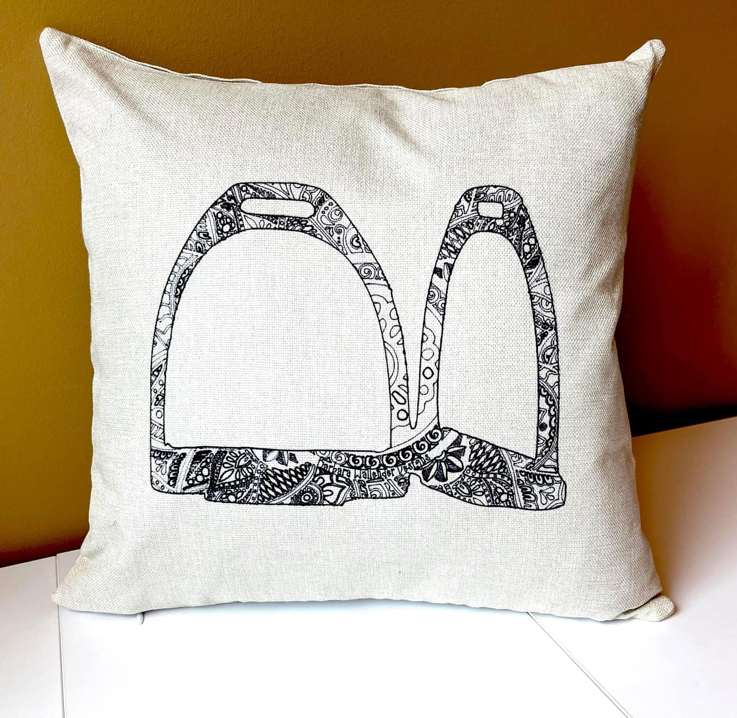 The Chin Up Collection Throw Pillows featuring a saddle, bit, irons, boots & helmet motif on cover only linen blend.