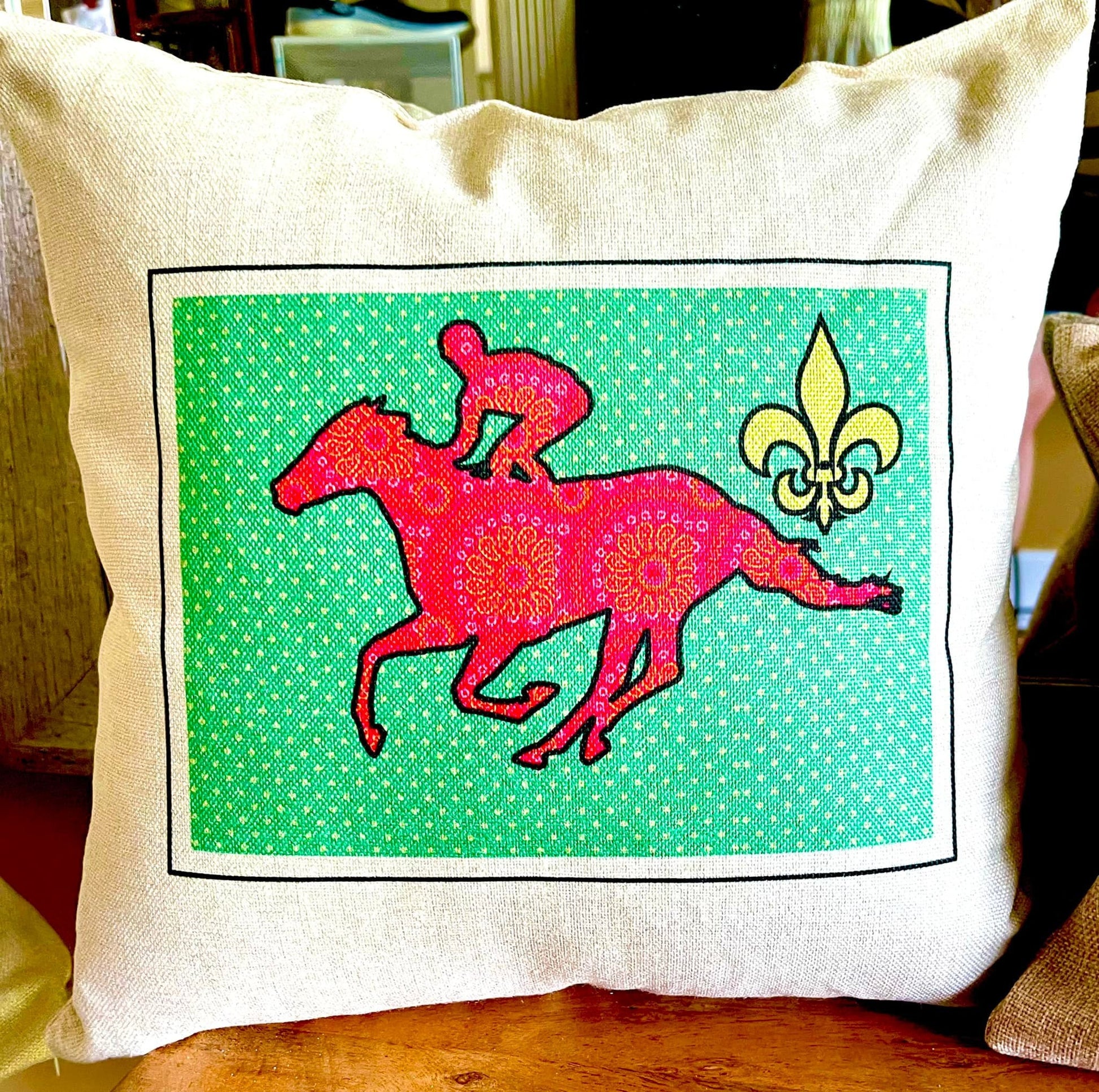 Triple Crown Winner Pillows, Fleur dis Leis, Race Horses and jockeys all complete for horse racing enthusiasts, cover only, beige linen.