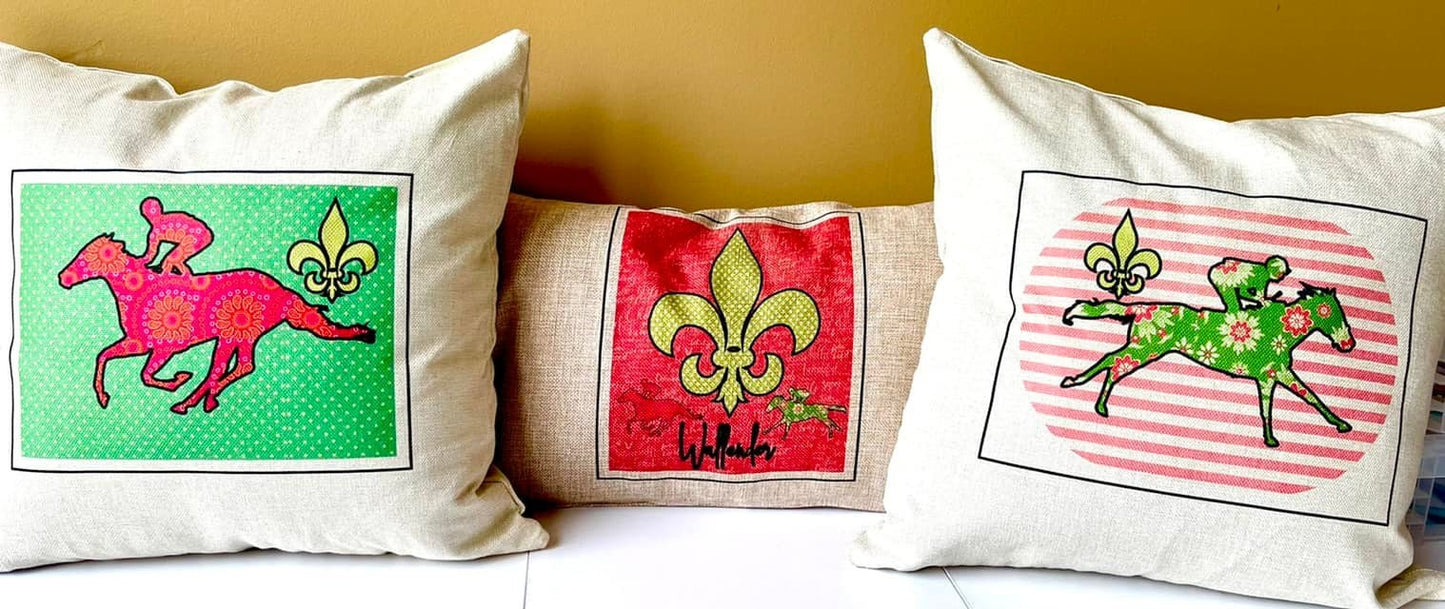 Triple Crown Winner Pillows, Fleur dis Leis, Race Horses and jockeys all complete for horse racing enthusiasts, cover only, beige linen.