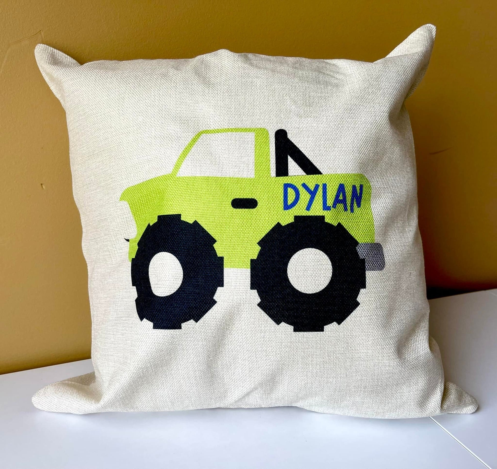 Monster Trucks & Tractors themed pillows that can be personalized. 16 x 16 linen cover only with a zipper perfect for a boys room decor.