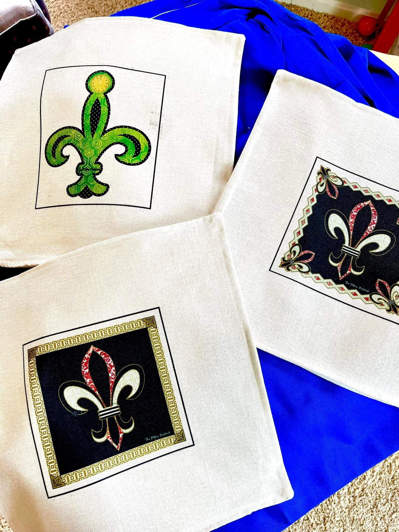 Fleur Di Lis throw pillows, pink, green, red, teal, etc