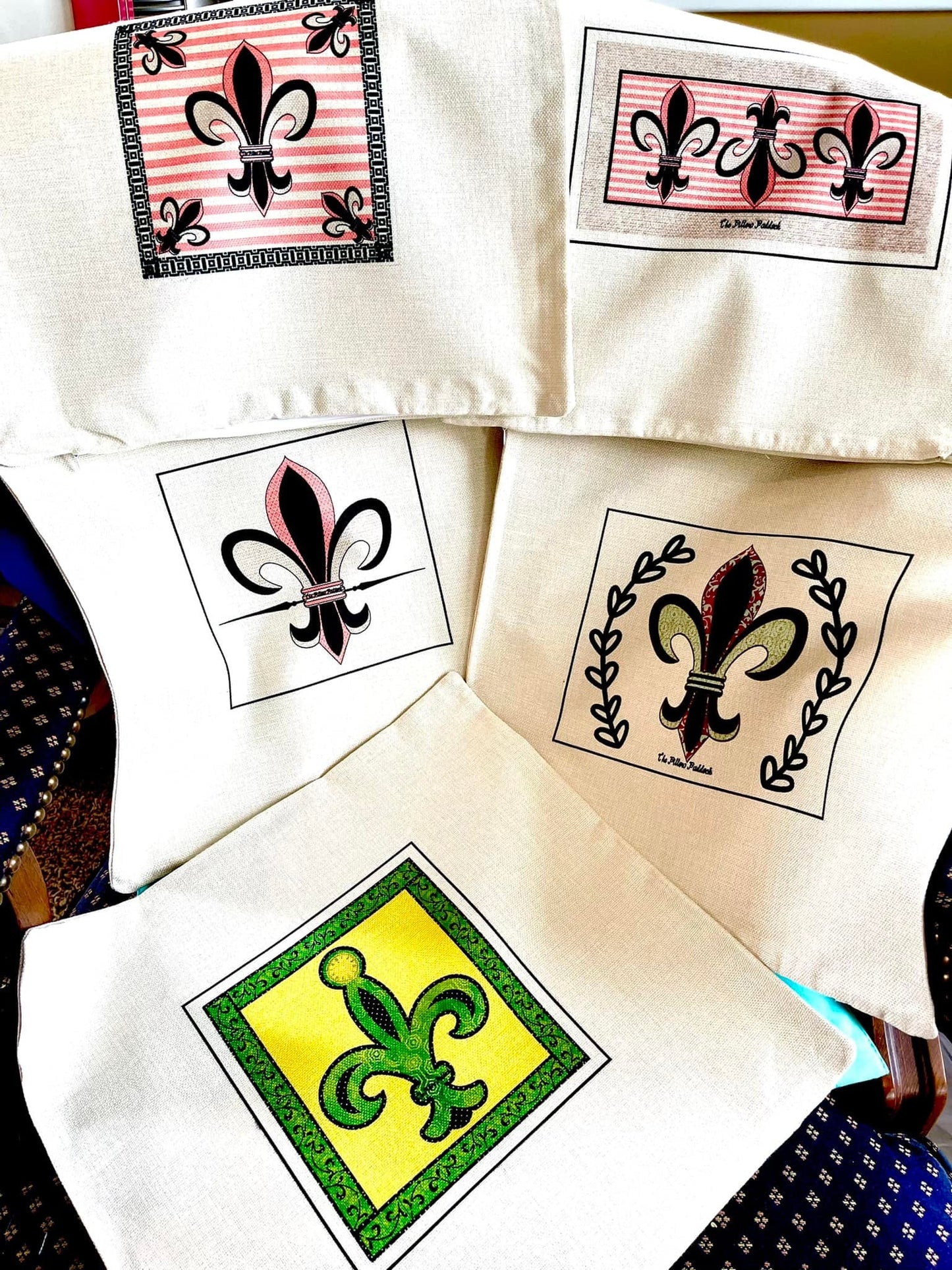 Fleur Di Lis throw pillows, pink, green, red, teal, etc