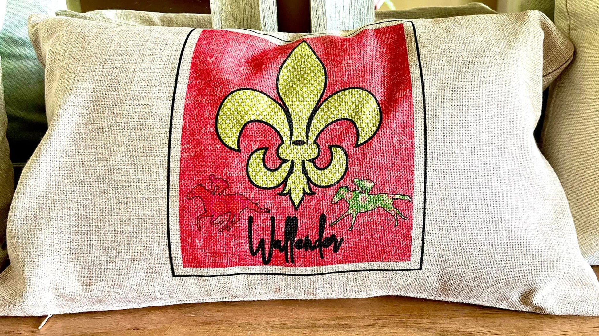 Triple Crown Winner Pillows, Fleur dis Leis, Race Horses and jockeys all complete for horse racing enthusiasts, cover only, beige linen.