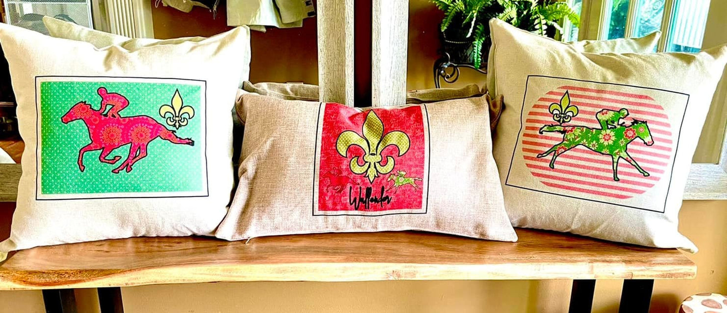 Triple Crown Winner Pillows, Fleur dis Leis, Race Horses and jockeys all complete for horse racing enthusiasts, cover only, beige linen.