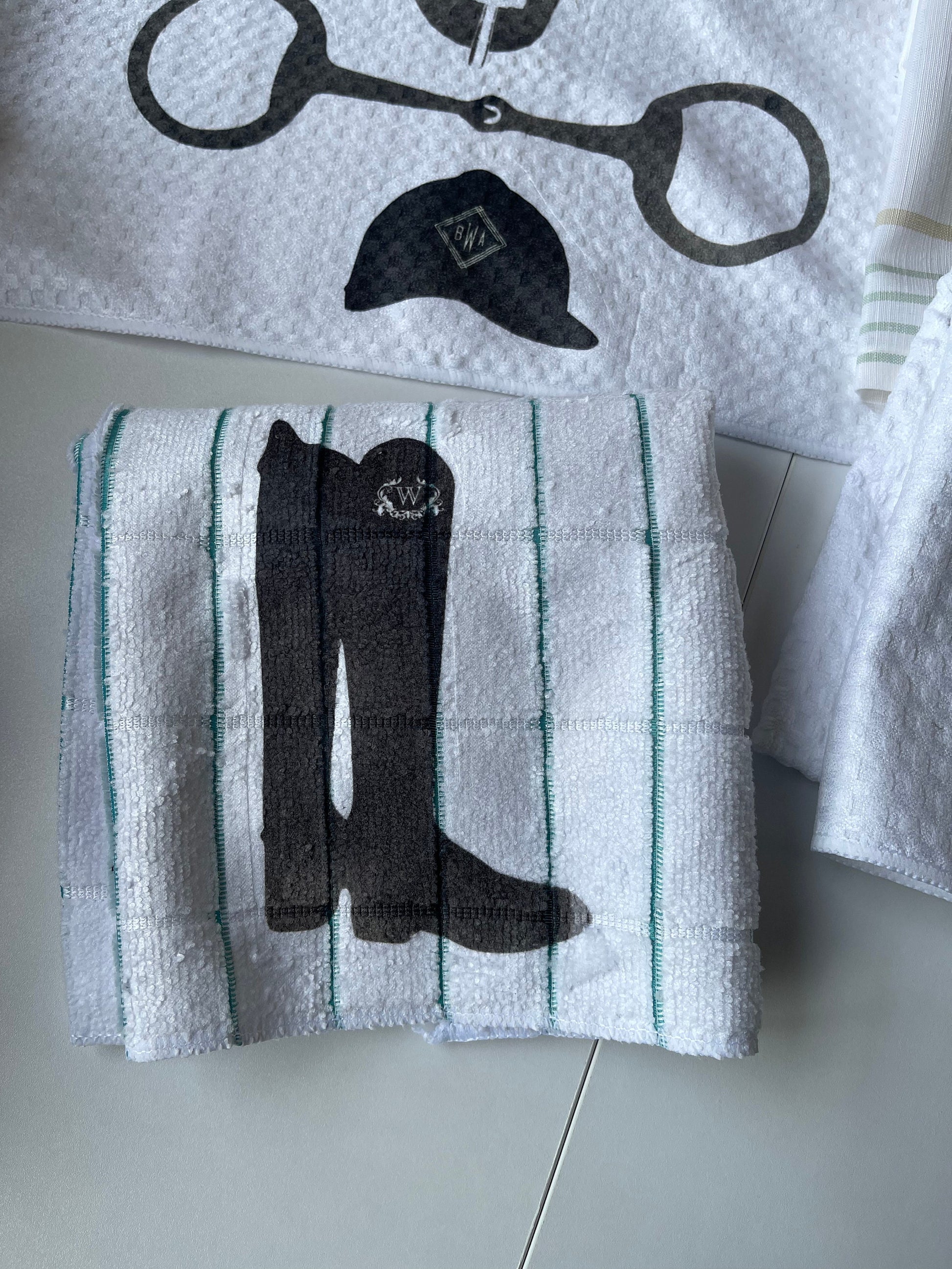 Hand crafted tea towels for the English Equestrian, featuring bit, helmet, saddle, boots, etc.