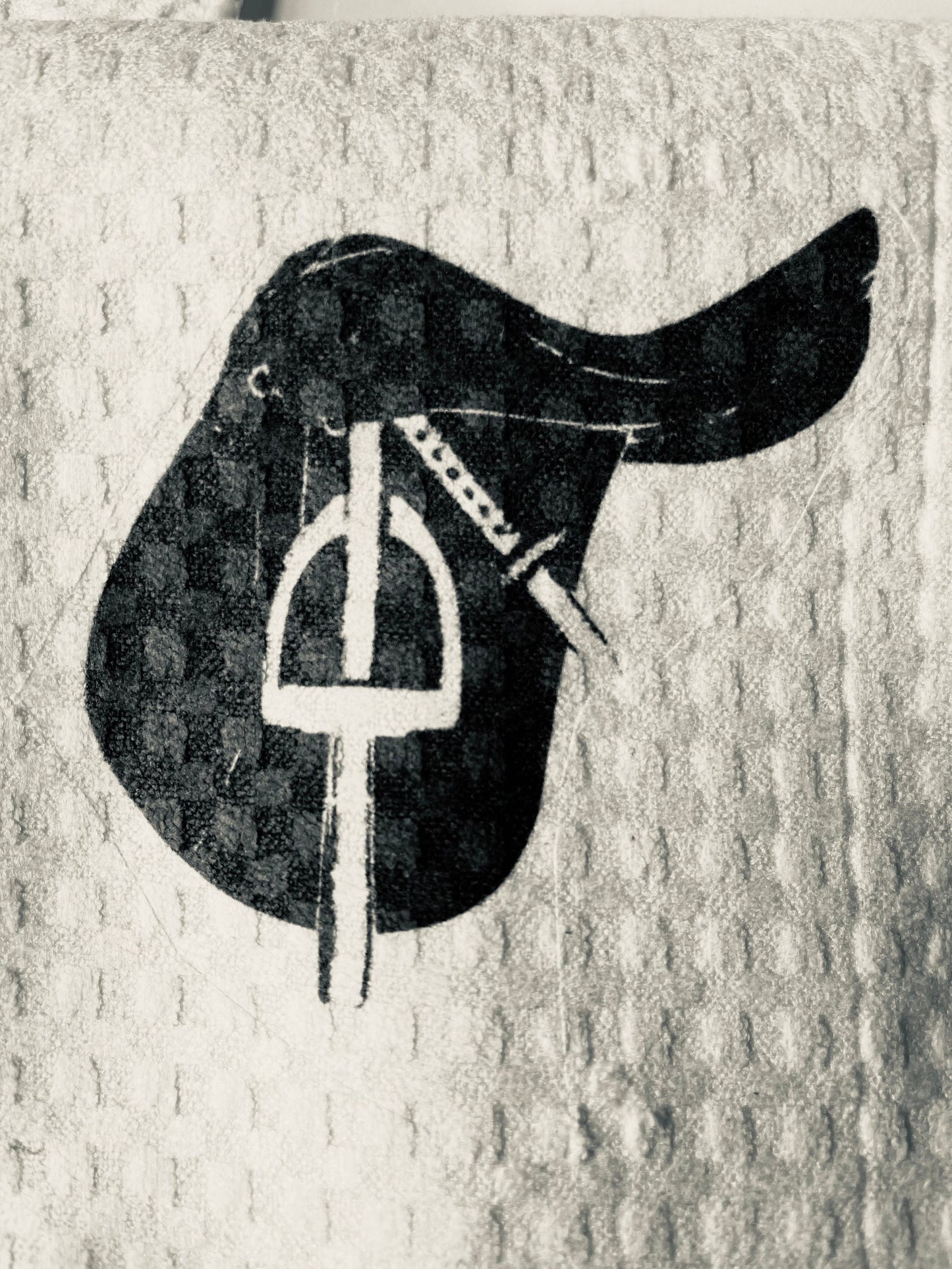 Hand crafted tea towels for the English Equestrian, featuring bit, helmet, saddle, boots, etc.