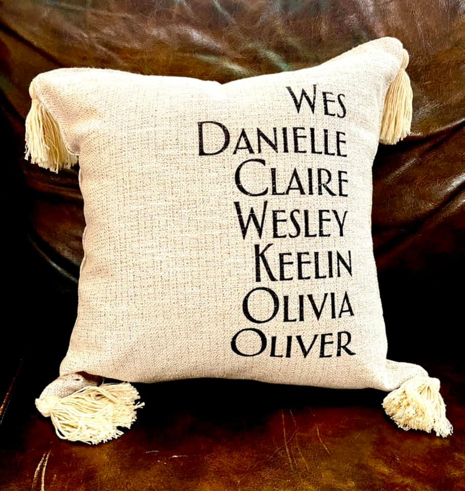 Welcome to our Farm or home pillow, custom burlap look with tassels, add family, pet names on the back as well as est date.