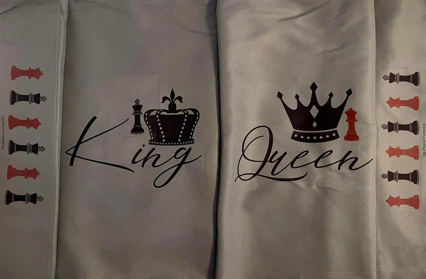 King and Queen Custom Pillow Cases with embellished edging of chess players, can be customized with names, perfect wedding, anniversary gift