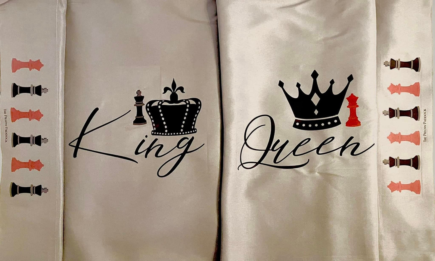 King and Queen Custom Pillow Cases with embellished edging of chess players, can be customized with names, perfect wedding, anniversary gift