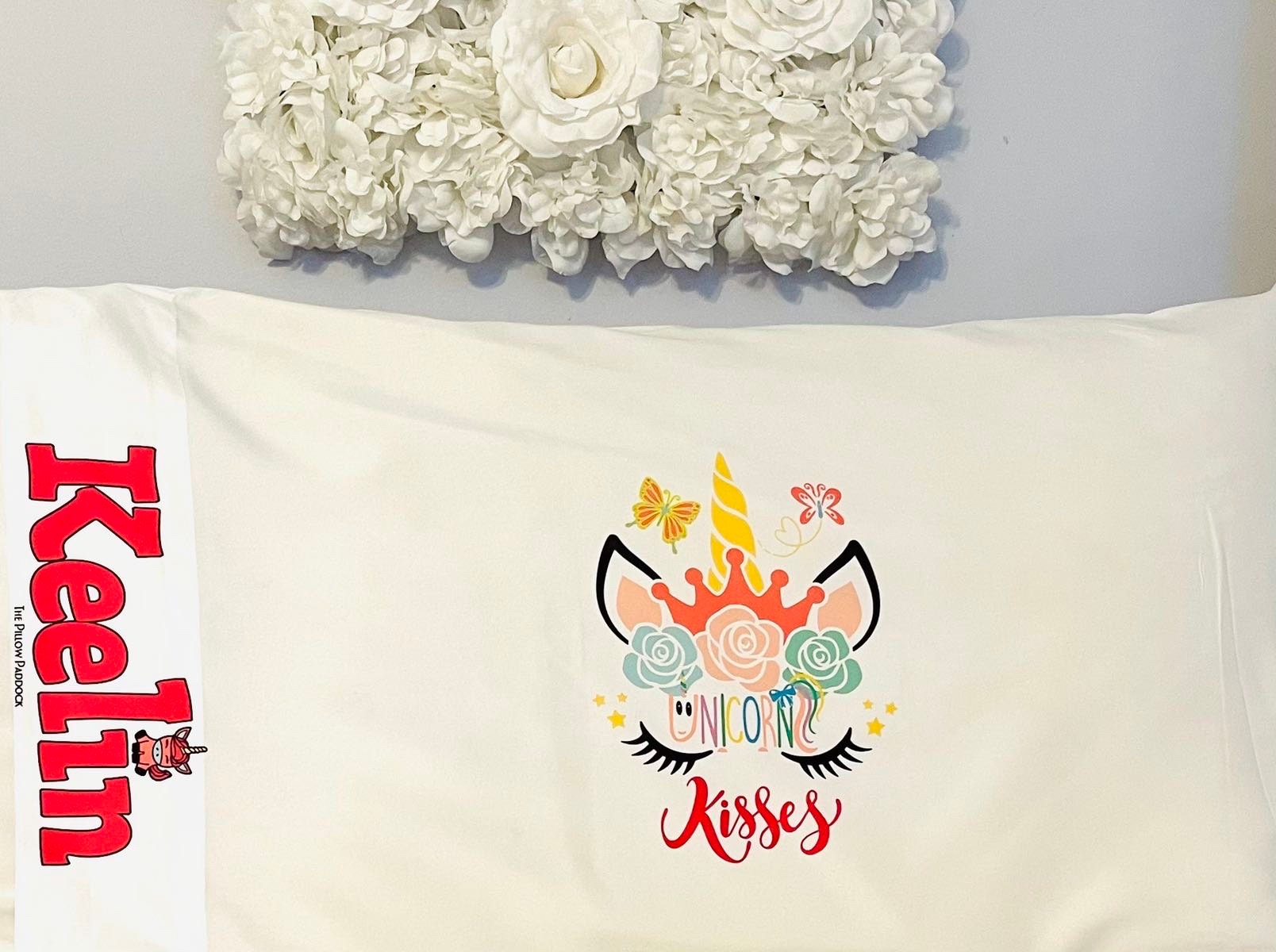 Unicorn Kisses Custom Pillow Case with embellished edging of child’s name on moisture wicking super soft microfiber