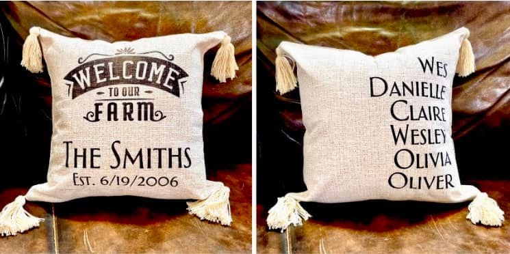 Welcome to our Farm or home pillow, custom burlap look with tassels, add family, pet names on the back as well as est date.