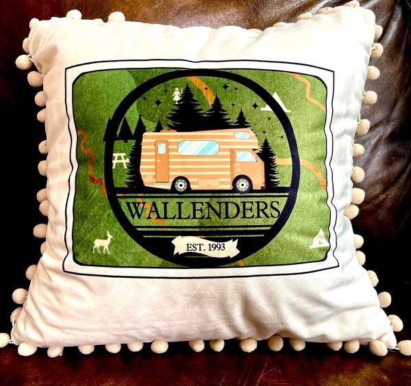 Custom Camper Pillow, cover only but can order filled too. Velour Pom Pom