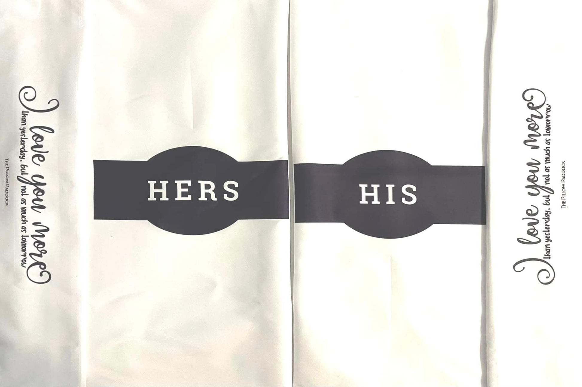 His and Her Pillow Cases in white, gray, with either black or gray print in Standard/Queen or King microfiber wicking fabric. Can be Custom