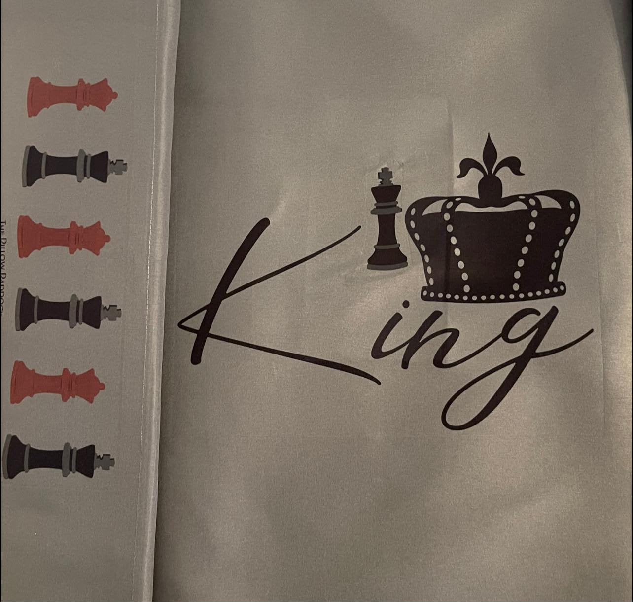 King and Queen Custom Pillow Cases with embellished edging of chess players, can be customized with names, perfect wedding, anniversary gift