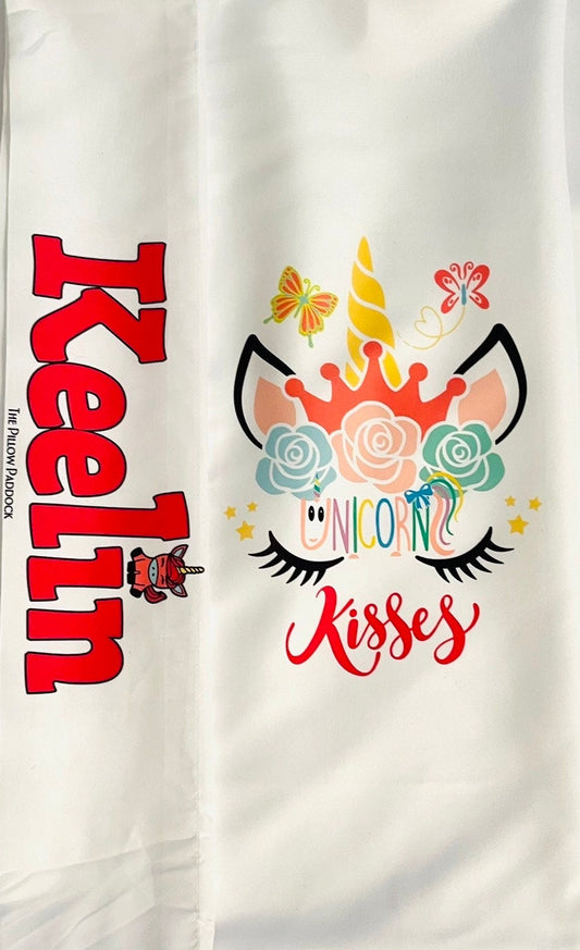 Unicorn Kisses Custom Pillow Case with embellished edging of child’s name on moisture wicking super soft microfiber