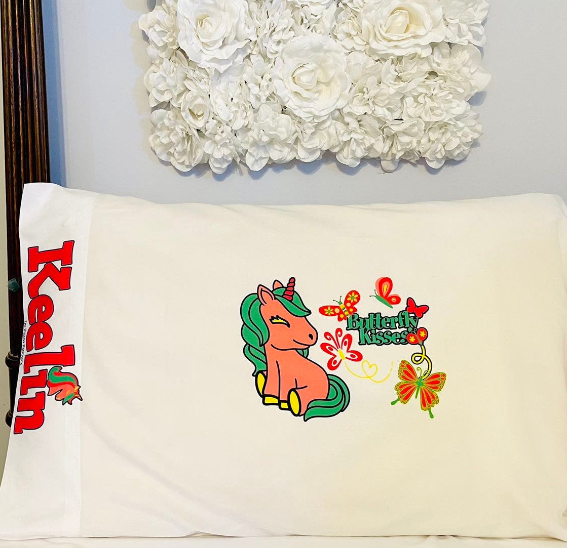 Unicorn Kisses Custom Pillow Case with embellished edging of child’s name on moisture wicking super soft microfiber