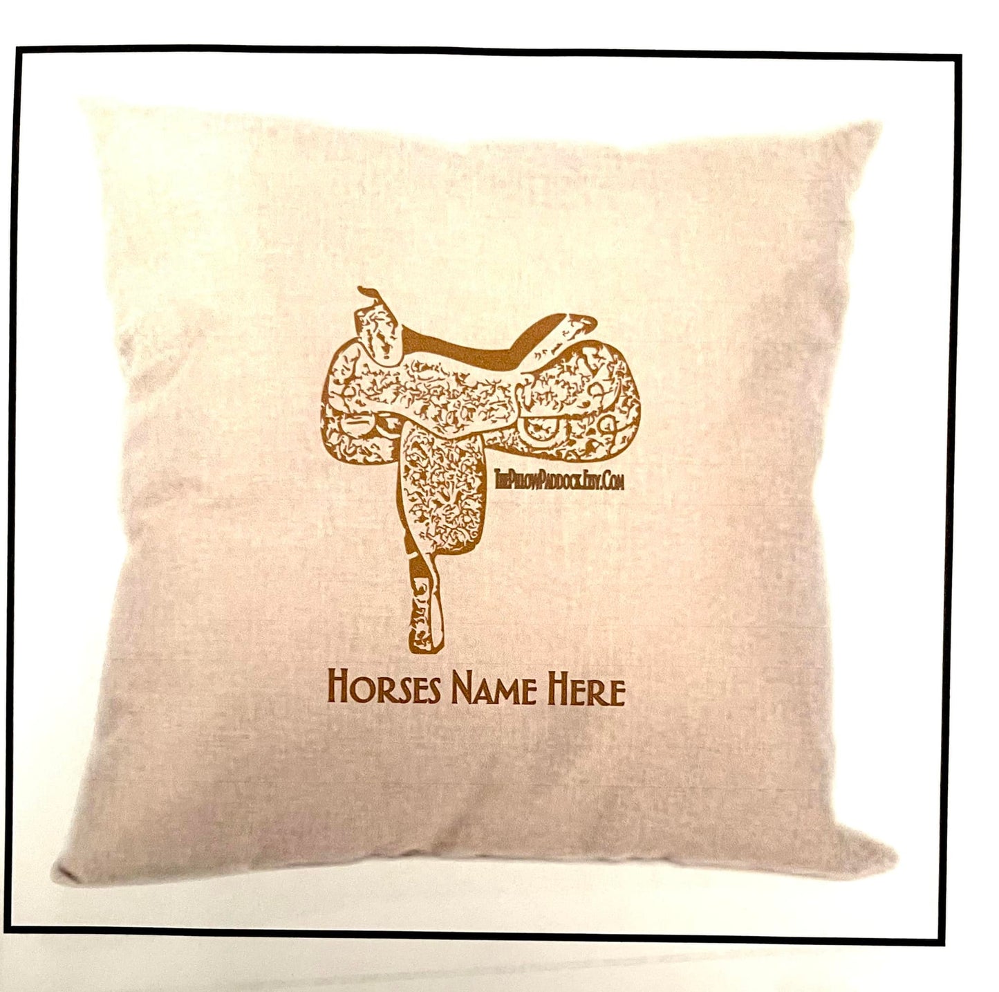 Western Pleasure Saddle throw accent Pillow that can be customized with horses name! 16 x 16 poly linen cover only but can include filling