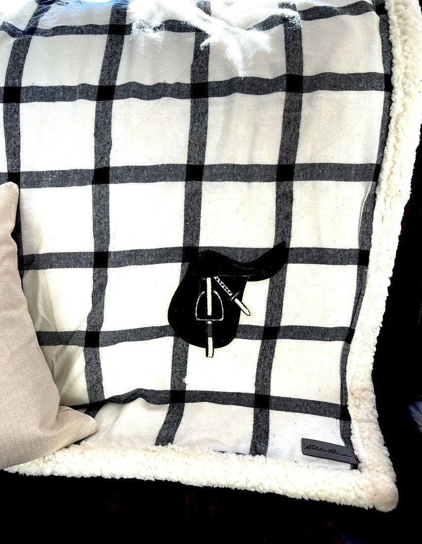 Super plush and luxurious throw blankets with hunt seat saddle and western pleasure embellishments, can be personalized