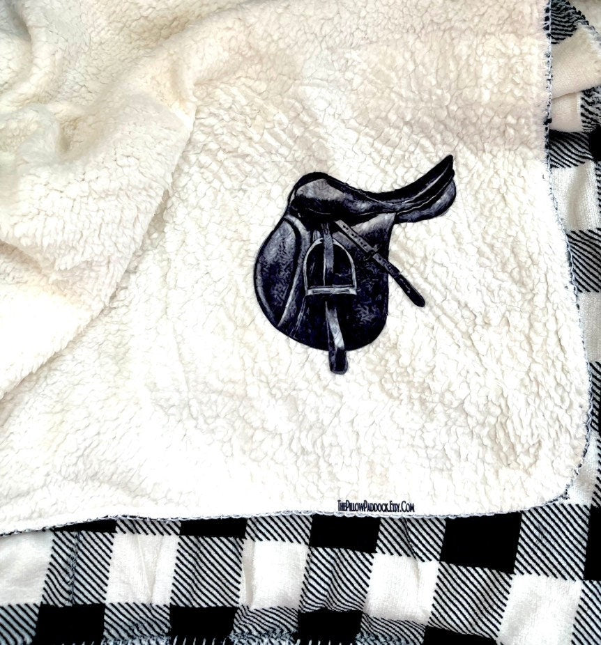 Black and white Buffalo checkered horse lovers throw blanket in velour and fleece for all equestrians. Custom 50 x 60 western,English,ranch.