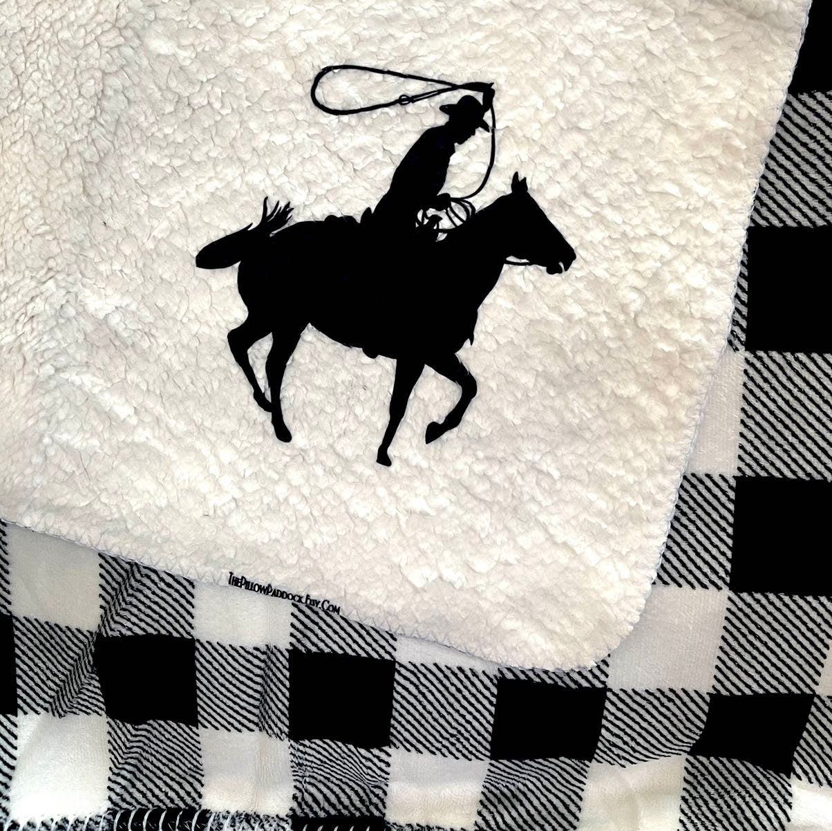 Black and white Buffalo checkered horse lovers throw blanket in velour and fleece for all equestrians. Custom 50 x 60 western,English,ranch.