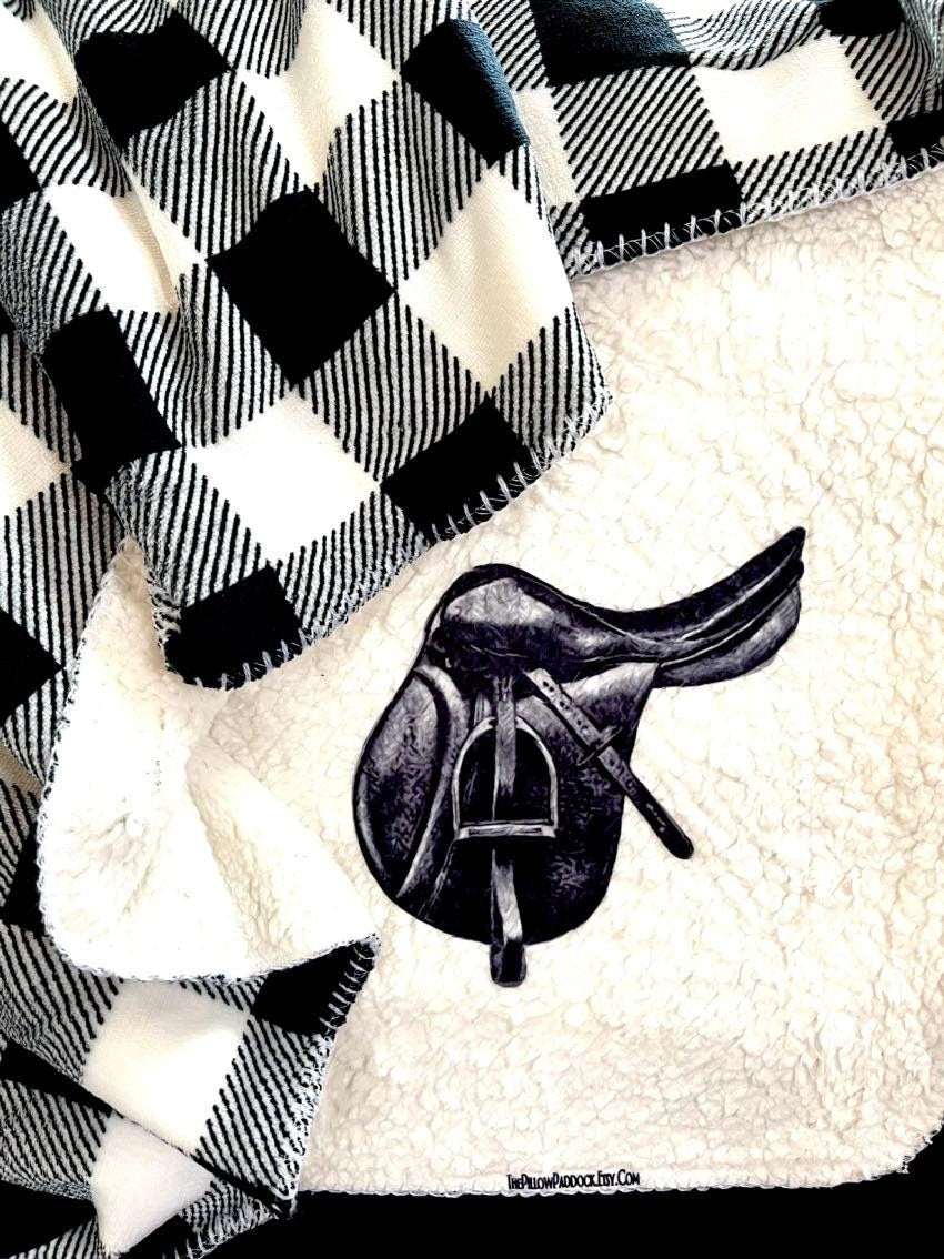 Black and white Buffalo checkered horse lovers throw blanket in velour and fleece for all equestrians. Custom 50 x 60 western,English,ranch.