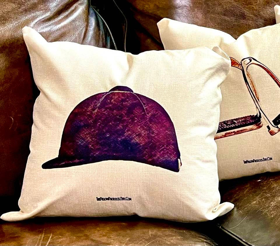 The Henri Collection, Hunt Seat Equestrian themed pillow cover with Saddle,Bit,Irons,Helmet,Boots,Snaffle Bit18x18 English themed