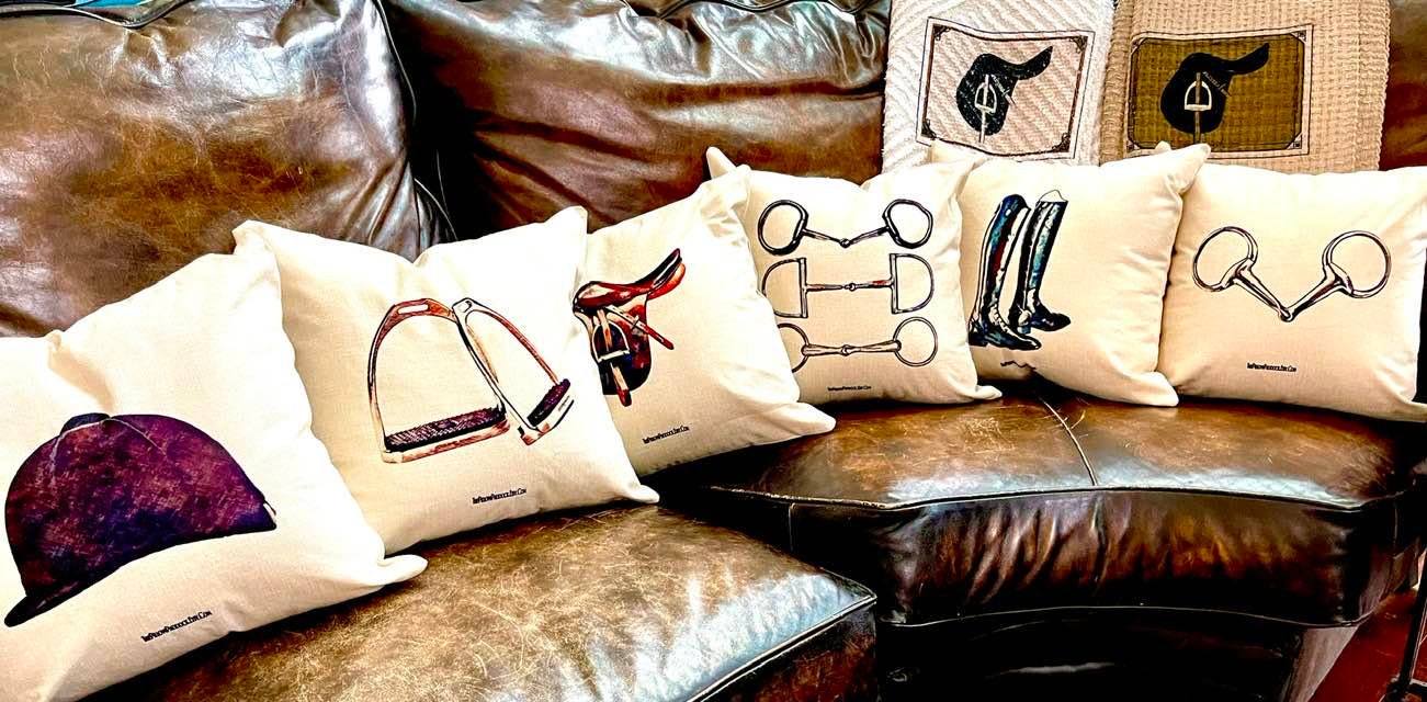 The Henri Collection, Hunt Seat Equestrian themed pillow cover with Saddle,Bit,Irons,Helmet,Boots,Snaffle Bit18x18 English themed