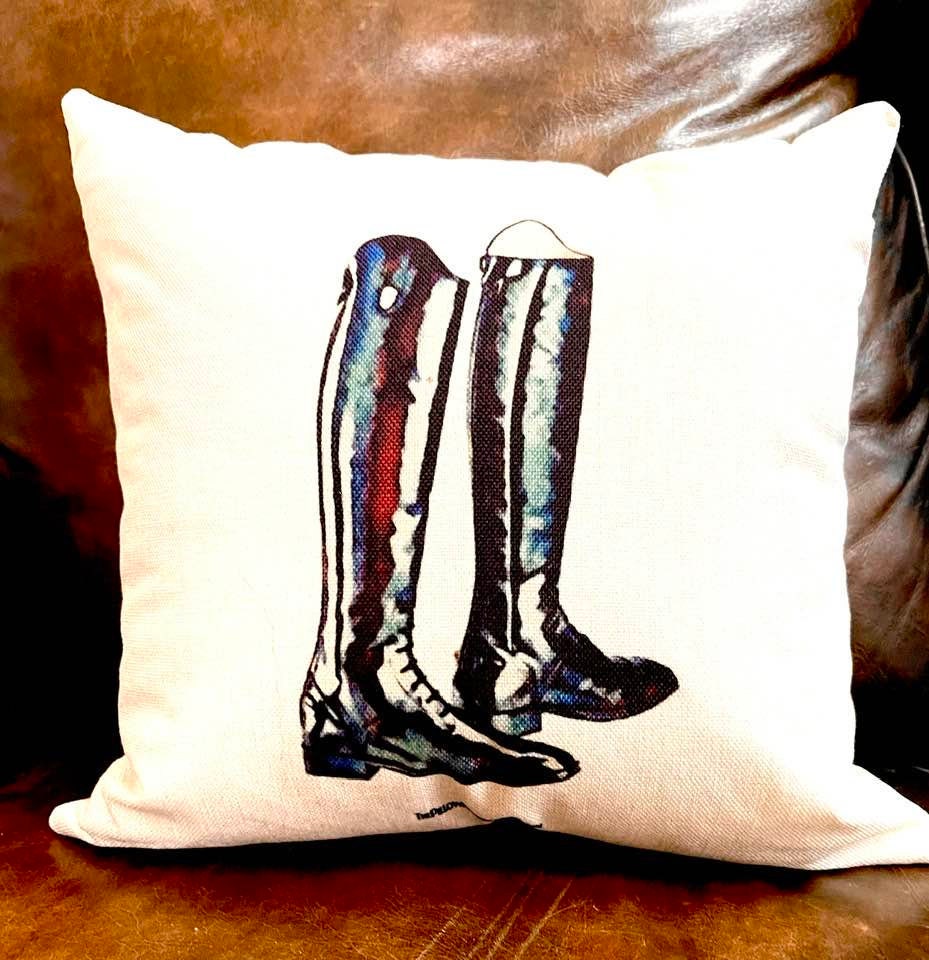 The Henri Collection, Hunt Seat Equestrian themed pillow cover with Saddle,Bit,Irons,Helmet,Boots,Snaffle Bit18x18 English themed