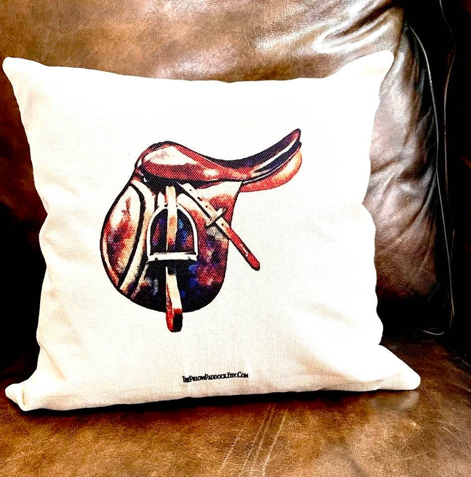 The Henri Collection, Hunt Seat Equestrian themed pillow cover with Saddle,Bit,Irons,Helmet,Boots,Snaffle Bit18x18 English themed