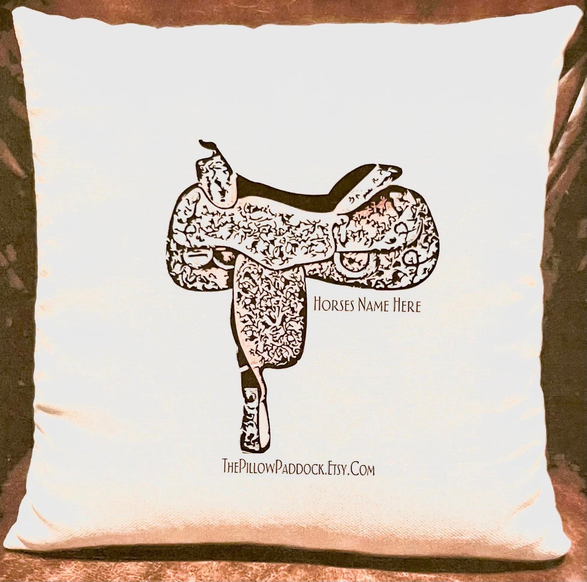 Western Pleasure Saddle throw accent Pillow that can be customized with horses name! 16 x 16 poly linen cover only but can include filling