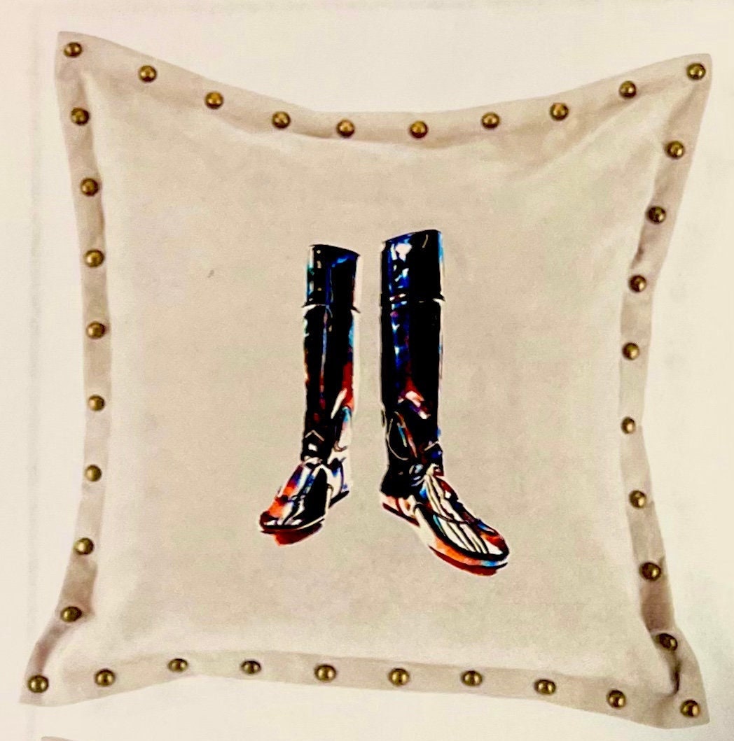 The Thoroughbred Collection, racing themed velour studded pillow cover with Saddle,Bit, Silks,Boots 18.8x18.8