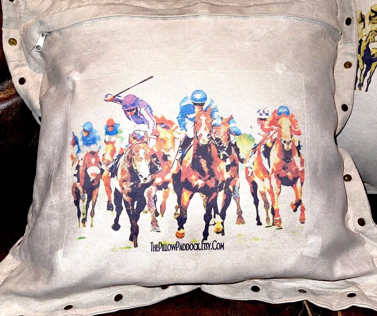 The Thoroughbred Collection, racing themed velour studded pillow cover with Saddle,Bit, Silks,Boots 18.8x18.8